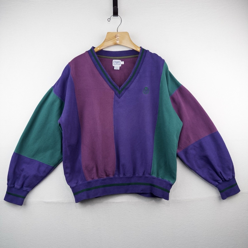 90's Vtg Chaps Ralph Lauren Men's L Color Block V-Neck Sweatshirt Sweater